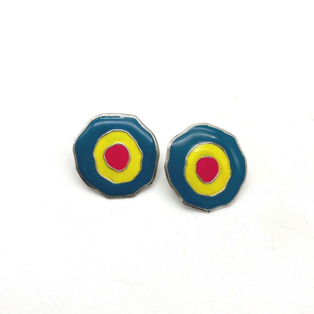 Vintage Mod Earrings Blue Yellow Red Target Enamel Circle Stud Earrings